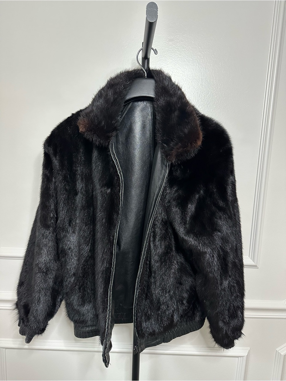 Men's Black Mink Fur Bomber Jacket (Reversible) Genuine Leather